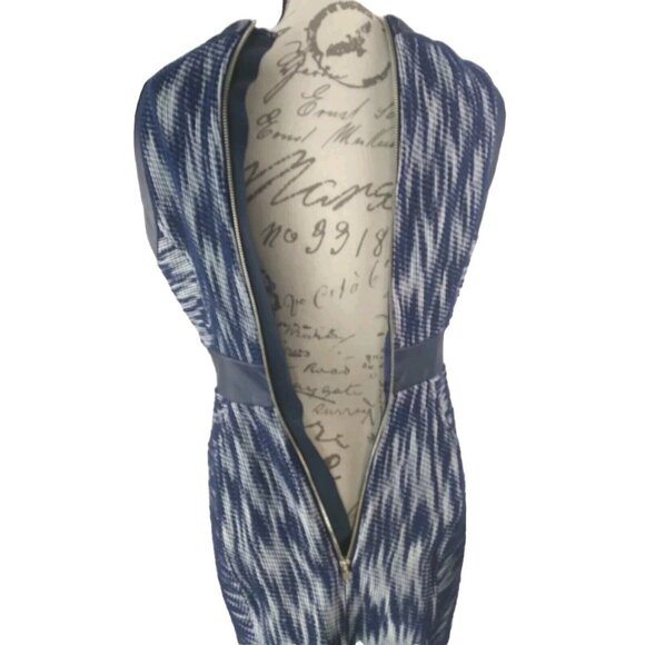 Milly NY USA Women's Dress Blue White Leather Trim Geometric Knit Sheath Size 4 - Picture 13 of 16